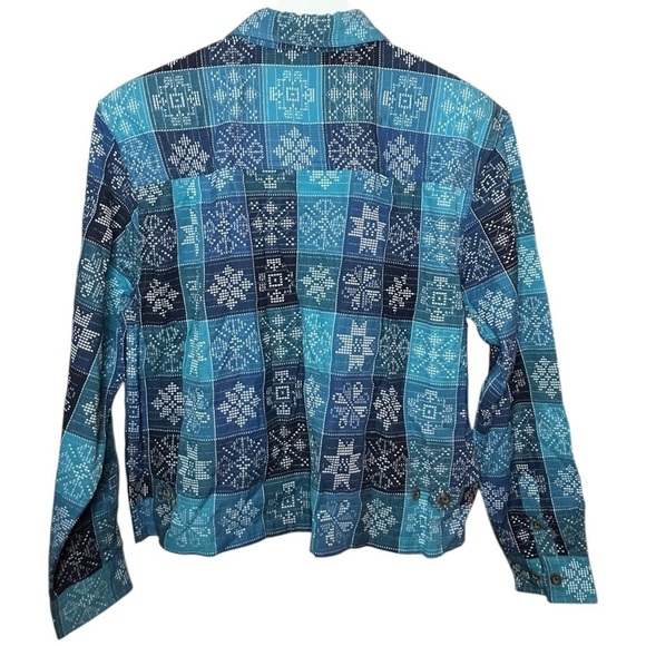NEW VTG Cottagecore Cropped Shirt Jacket L Cross Stitch Quilt Pattern Blue - Picture 5 of 5